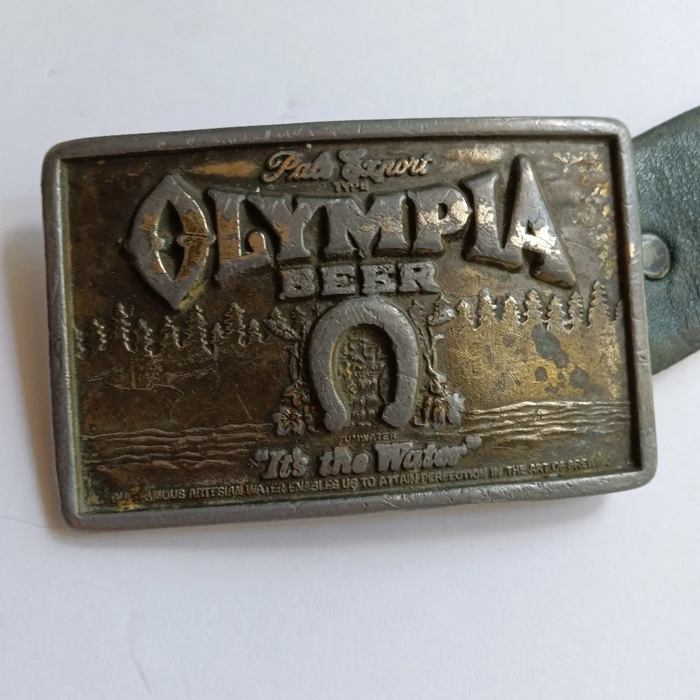 Vintage 1974 Lewis Buckle Co Leather Pin Belt Olympia Beer Logo Buckle Size 36